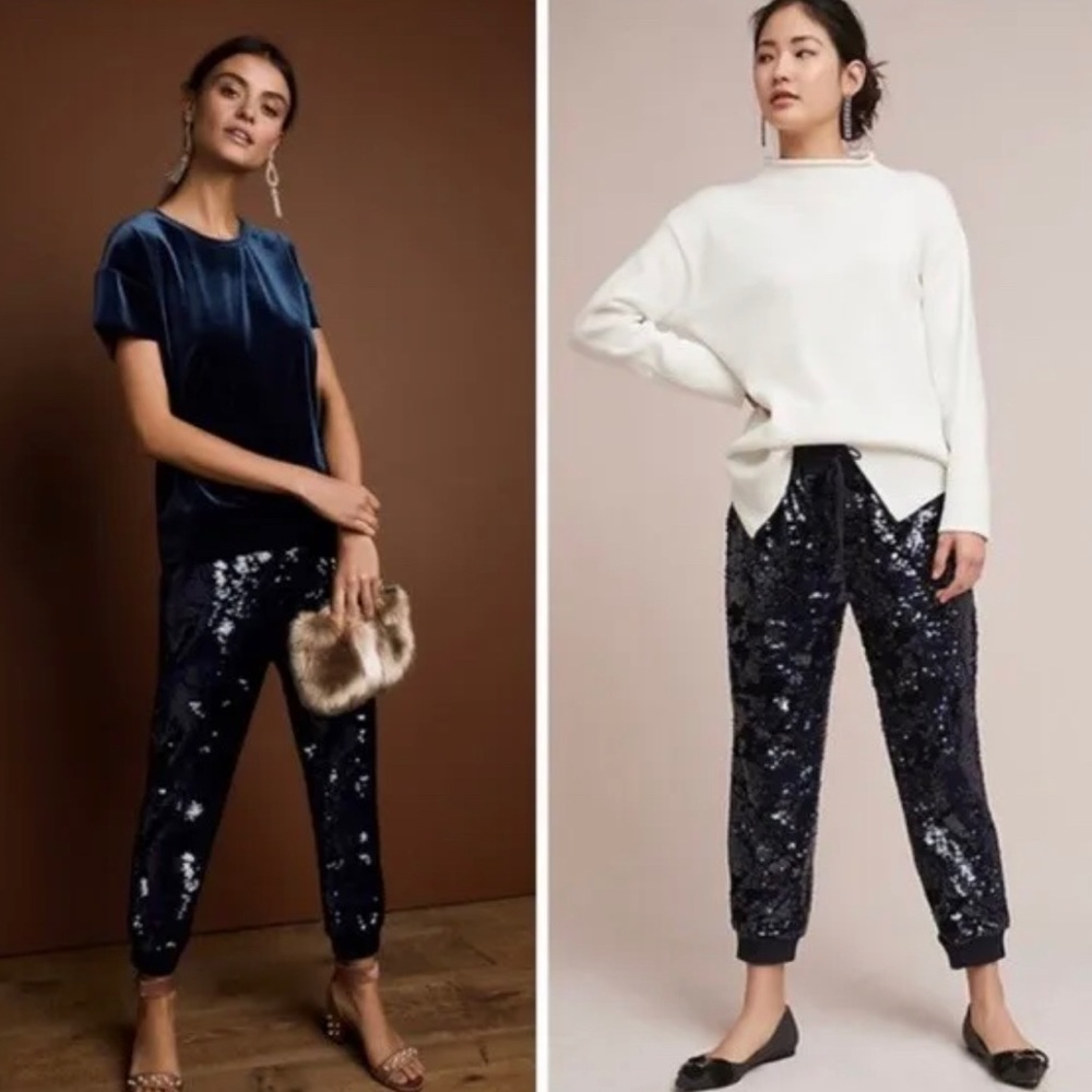 Anthropologie ett:twa Sequin Velvet Joggers Sparkle navy blue large